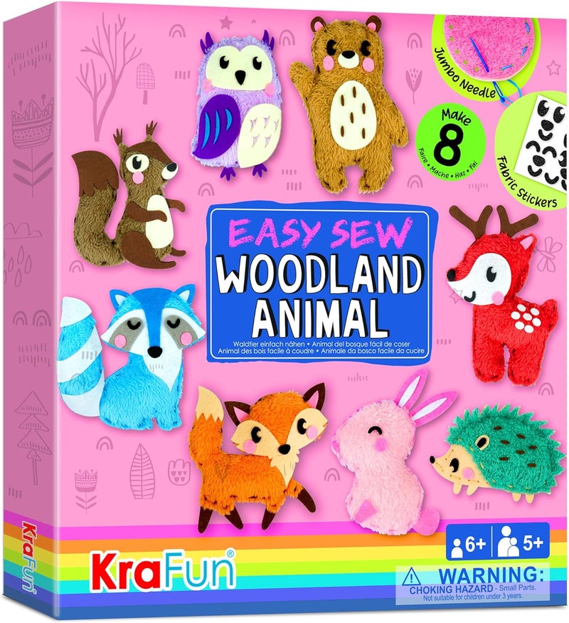 KRAFUN Easy Sewing Kit for Beginner Kids Arts & Crafts, 8 DIY Projects of Stuffed Dolls of Woodland Animals, Bear, Bunny, Fox, Owl, Instructions & Felt, Gift for Girls, Boys, Learn to Sew - Image 1